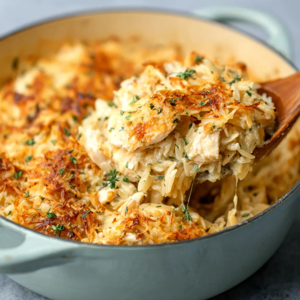 A close-up shot of a delicious French Onion Chicken Orzo Casserole, baked to golden perfection and ready to serve as a comforting meal.