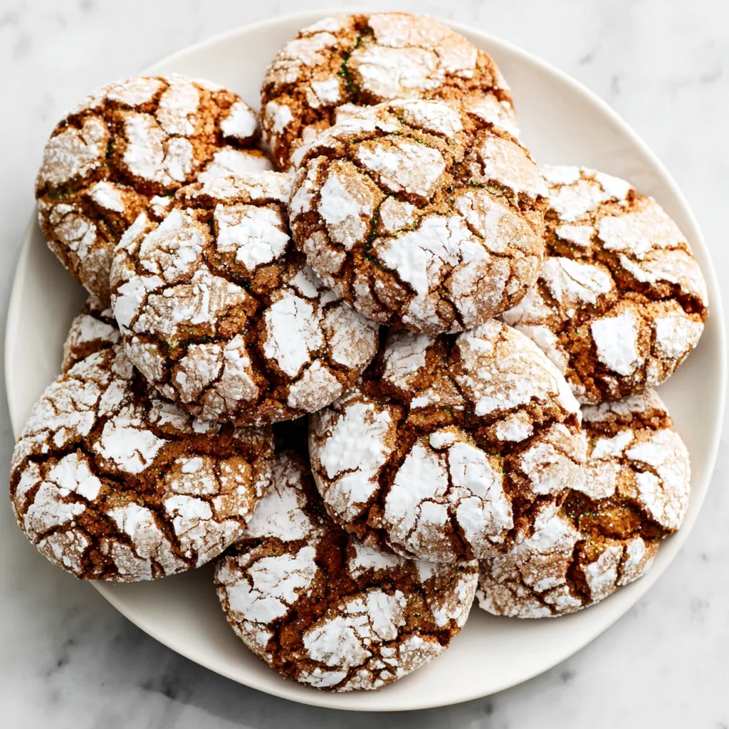 Close-up of delicious Gingerbread Crinkle Cookies, showcasing their cracked surface and festive appeal.