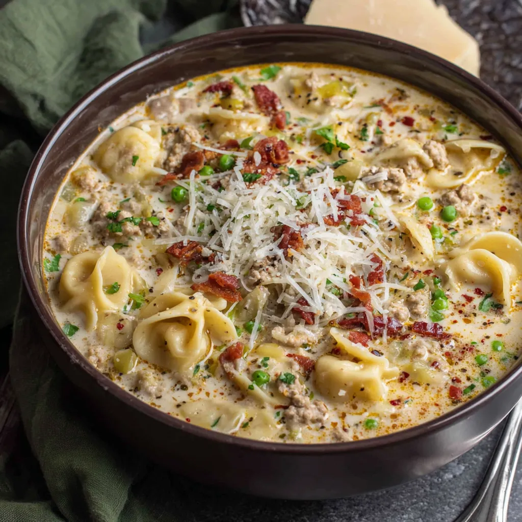 A steaming bowl of Italian Ground Chicken Soup showcases its savory ingredients and comforting warmth.