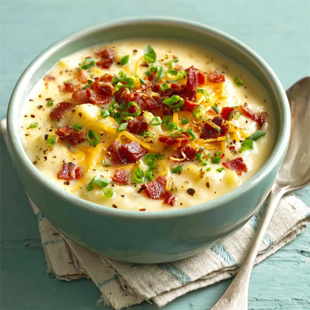 A creamy bowl of Loaded Potato Soup, garnished with bacon, cheese, and chives, is the perfect comfort food.