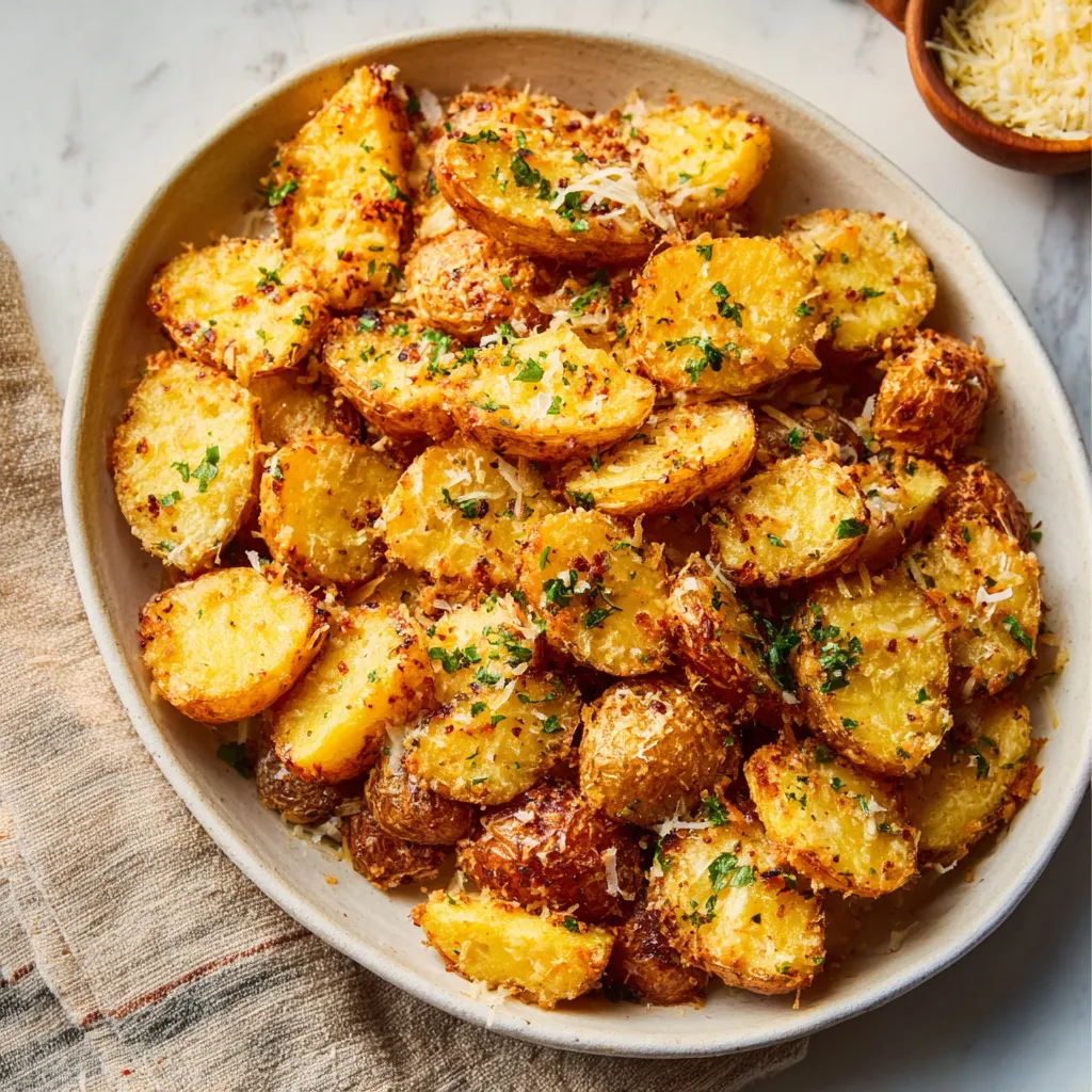 Crispy golden Parmesan Roasted Potatoes are shown as the featured image for the recipe.
