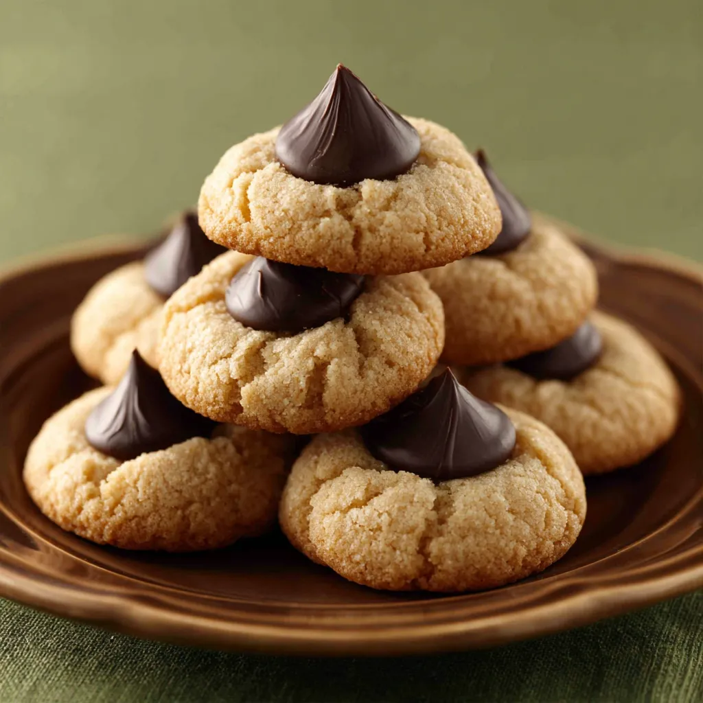 A close-up featured image showcasing freshly baked Peanut Butter Blossoms with chocolate kisses on top.
