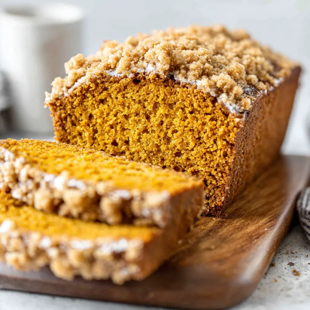 Close-up of delicious Pumpkin Bread Streusel Topping on a loaf, showcasing the golden-brown streusel and warm spices.