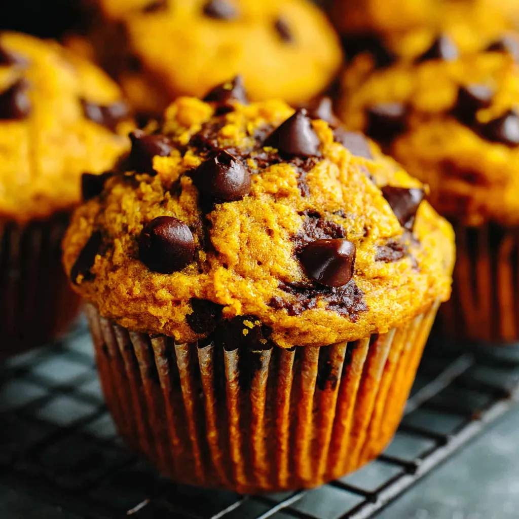 Close-up of freshly baked Pumpkin Chocolate Chip Muffins, perfect for fall baking.