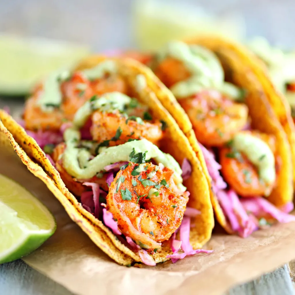 A delicious plate of Shrimp Tacos is shown as the featured image for this recipe.