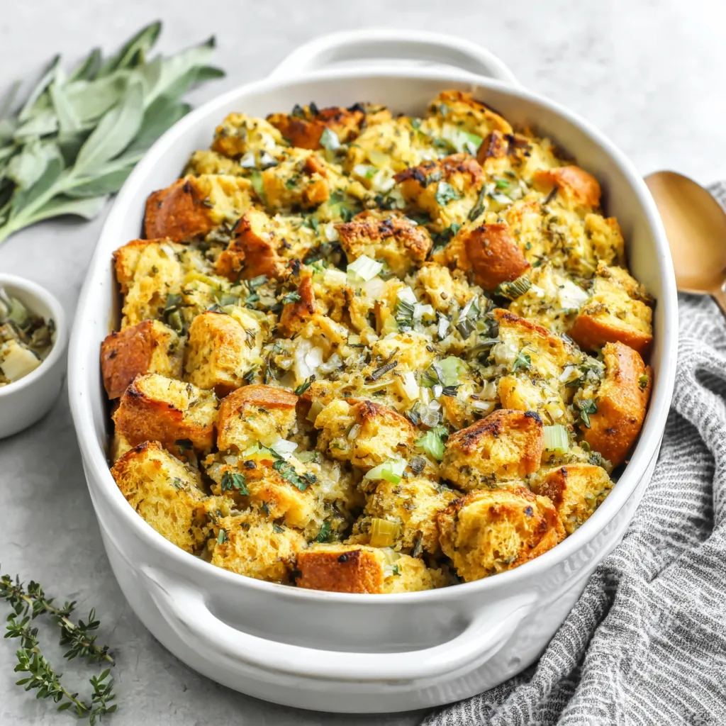 A close-up shot showcases a delicious serving of Thanksgiving Stuffing, golden brown and ready to be enjoyed.