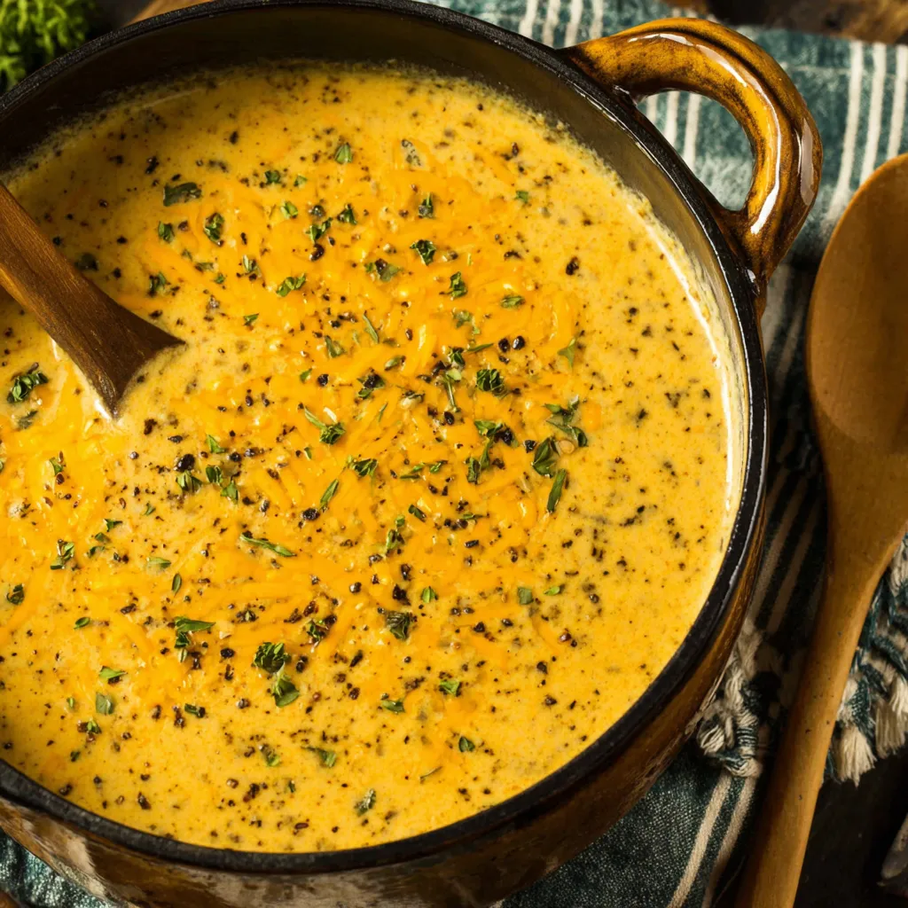Creamy Cheddar Garlic Herb Potato Soup served in a rustic bowl, showcasing its comforting texture and flavorful ingredients.