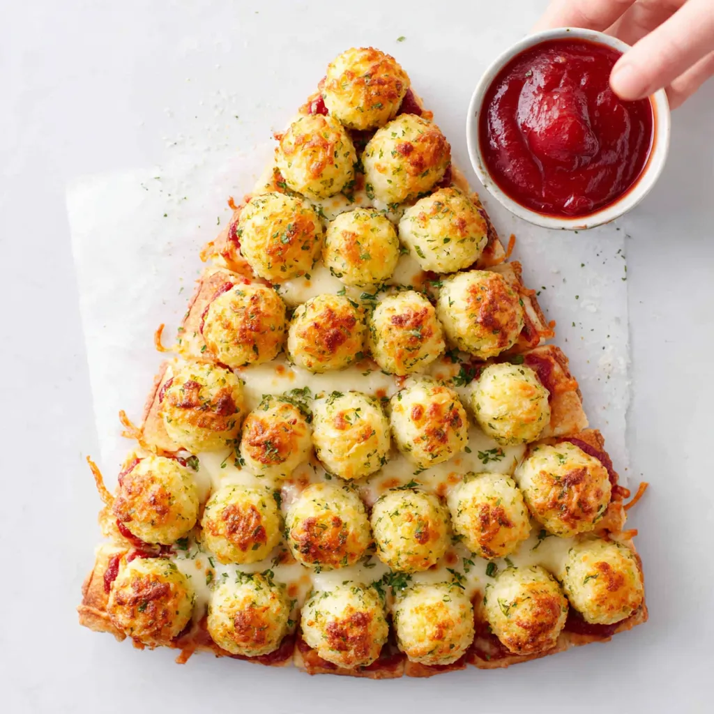A close-up shows a golden-brown, festive Cheesy Pull Apart Christmas Bread, ready to be enjoyed.