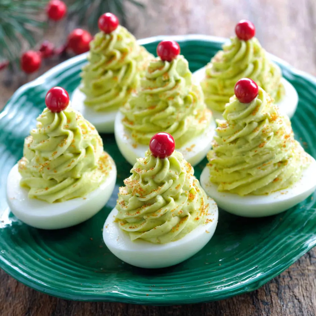 Festive Christmas Tree Deviled Eggs arranged in a tree shape make a creative holiday appetizer.