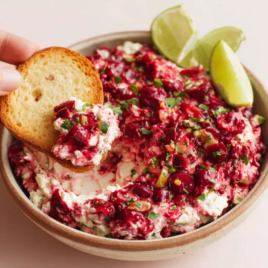 A close-up shot showcases the creamy texture and colorful ingredients of Cranberry Jalapeno Cream Cheese Dip, perfect for holiday gatherings.