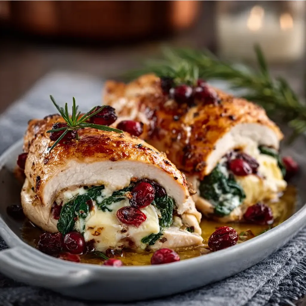 Cranberry Spinach Stuffed Chicken is displayed as a delectable featured image, showcasing its golden-brown crust and vibrant filling.