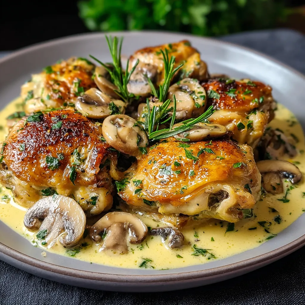 Creamy Garlic Mushroom Chicken Thighs, a delicious and comforting meal, are showcased in this featured image.