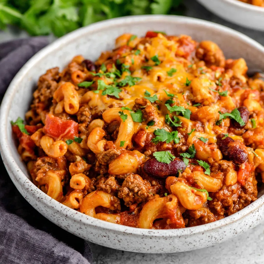 Crock Pot Cheddar Chili Mac is shown in a delicious, cheesy, and comforting featured image.