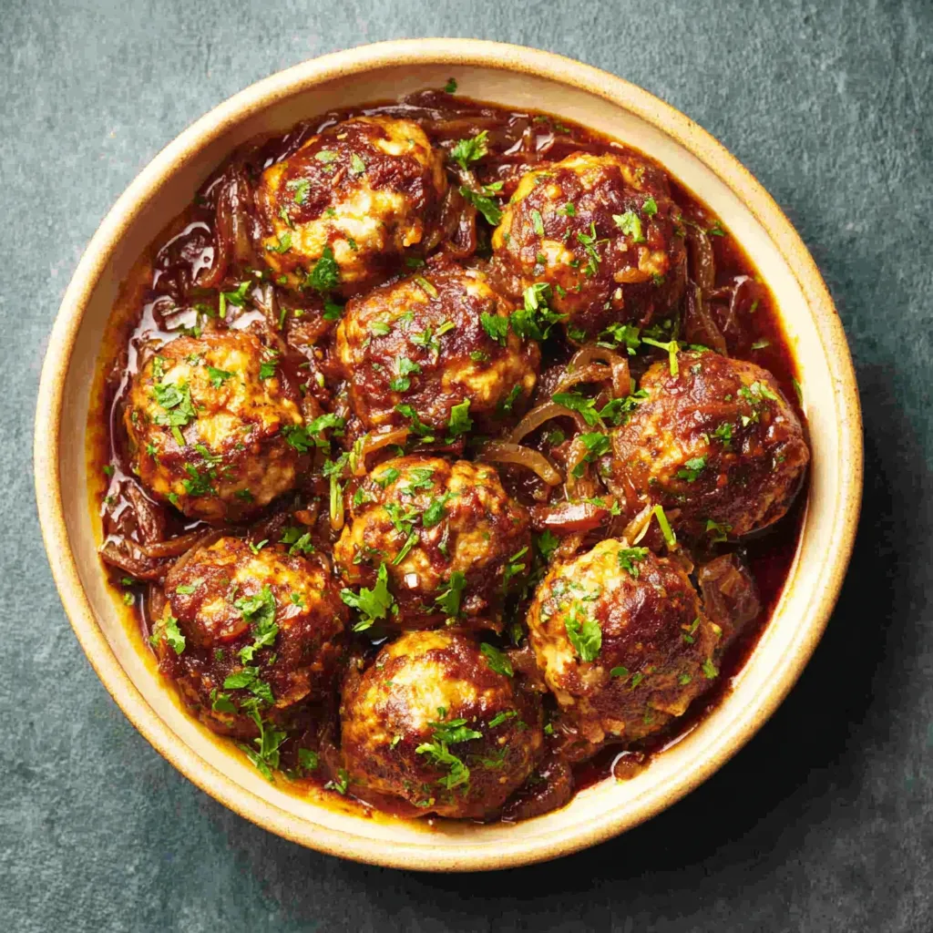 Crockpot French Onion Meatballs are displayed as a delicious featured image for the recipe.