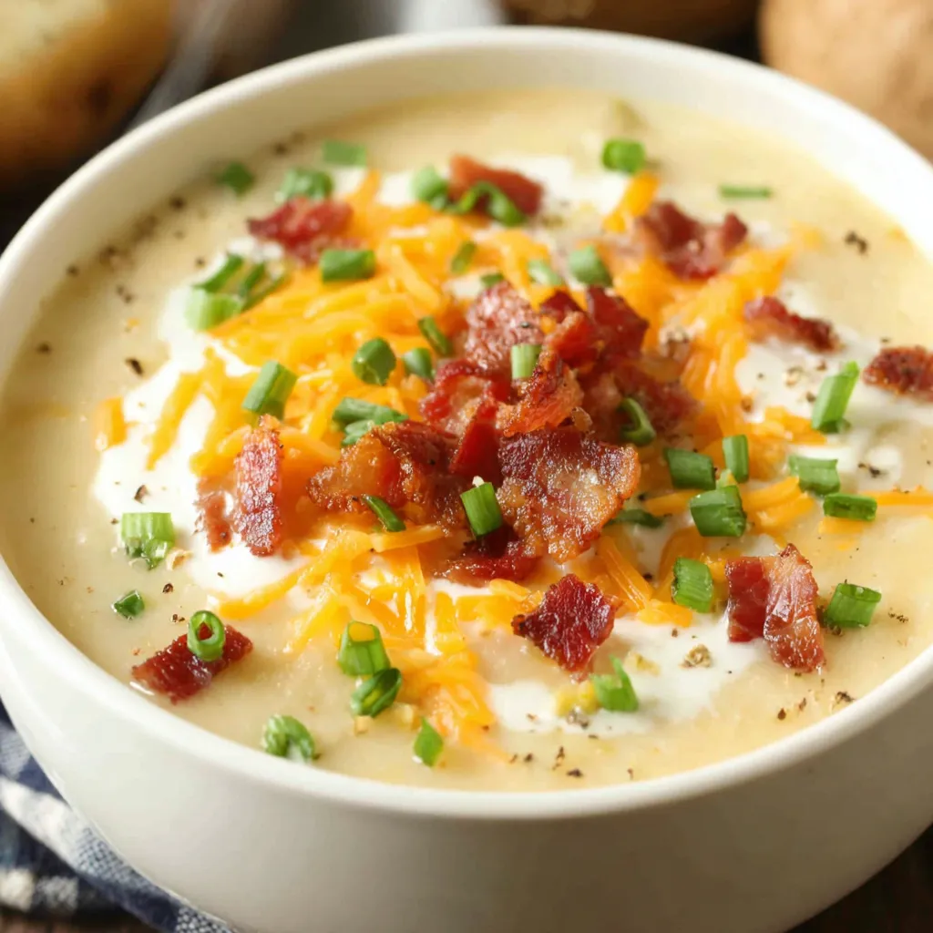 Creamy Baked Potato Soup in a bowl, perfect as a comforting meal.