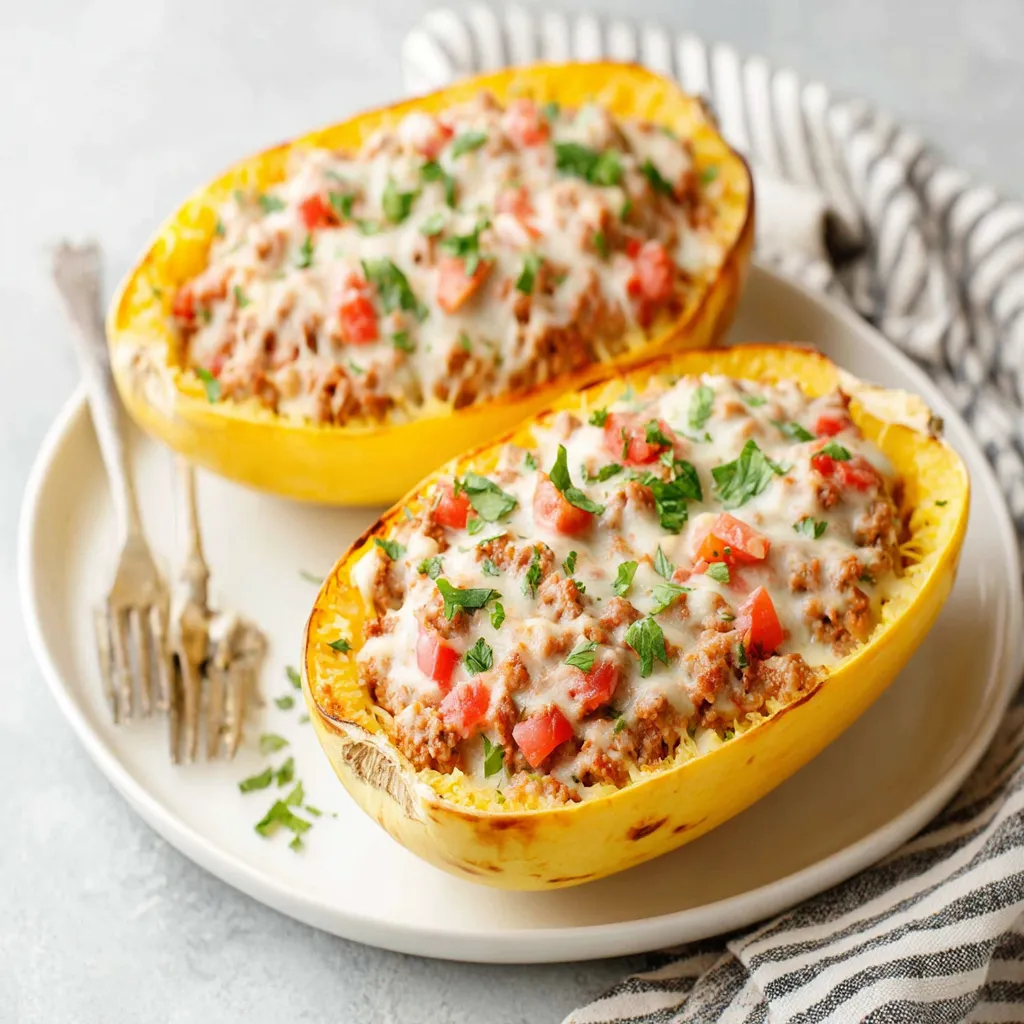 Overhead view of a halved and Baked Stuffed Spaghetti Squash filled with a savory mixture and garnished with fresh herbs.