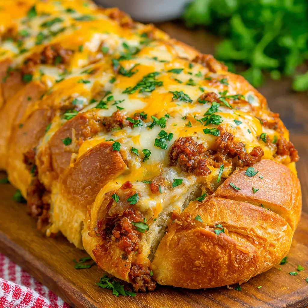 A close-up shot of freshly baked Garbage Bread, showcasing its cheesy, herby topping and golden-brown crust.