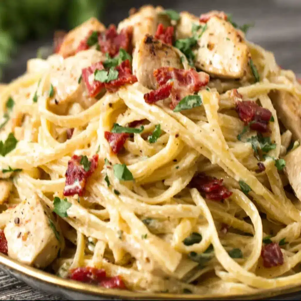 A close-up shot showcases a delicious plate of creamy Chicken Carbonara, highlighting the rich sauce, tender chicken, and perfectly cooked pasta.