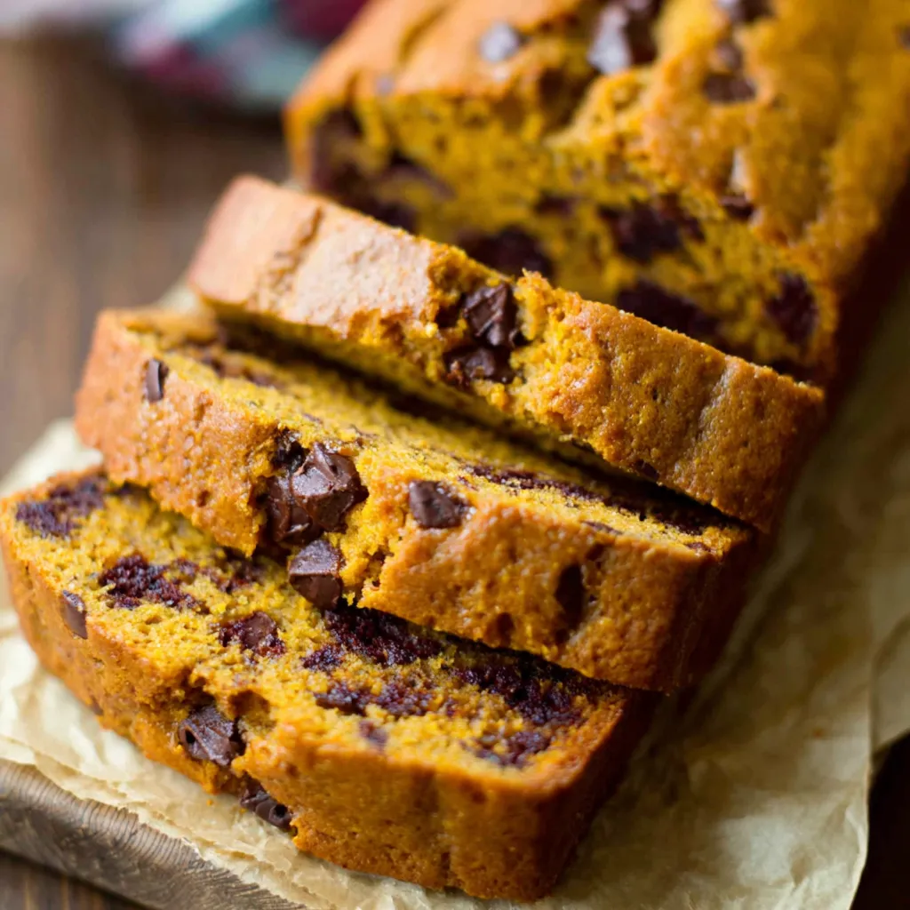 Close-up of a delicious loaf of Chocolate Chip Pumpkin Bread, perfect for fall baking.