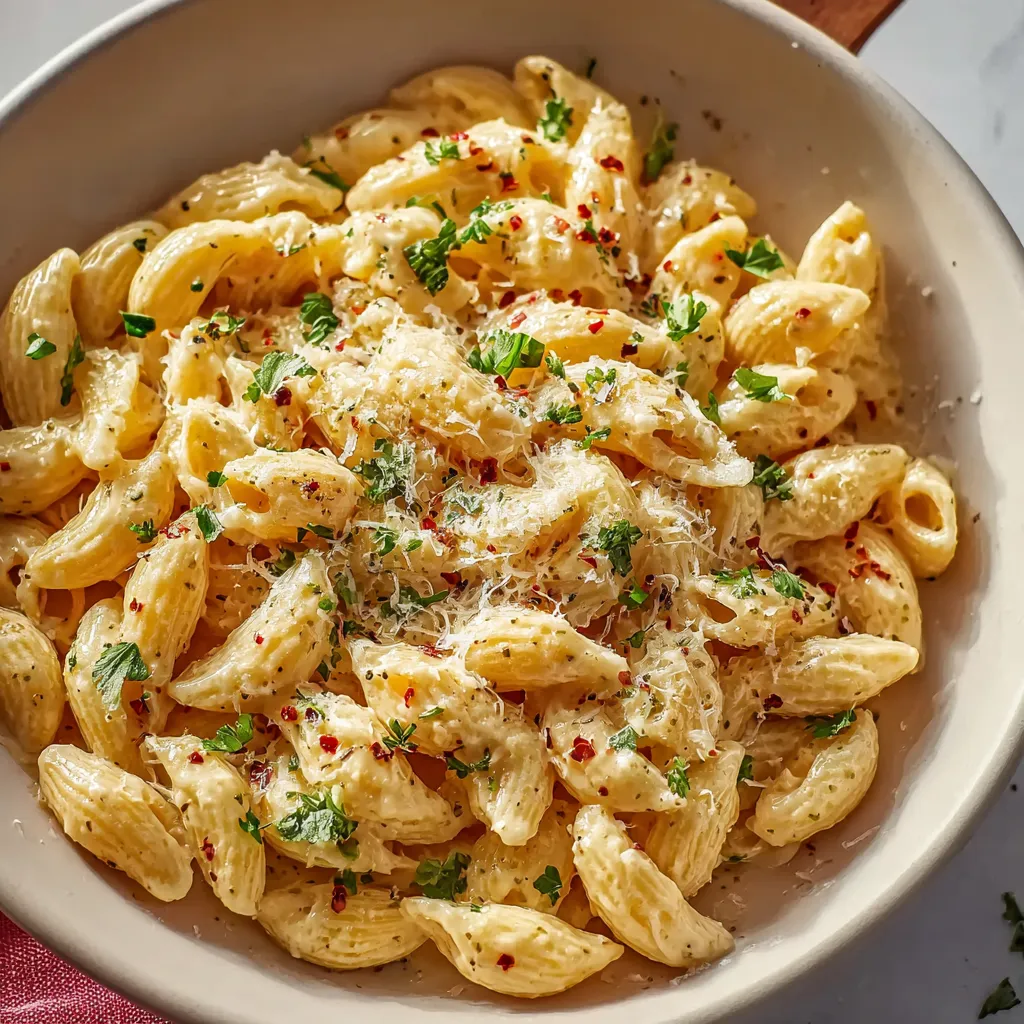 Creamy Garlic Pasta plated and ready to eat is the featured image for this delicious recipe.