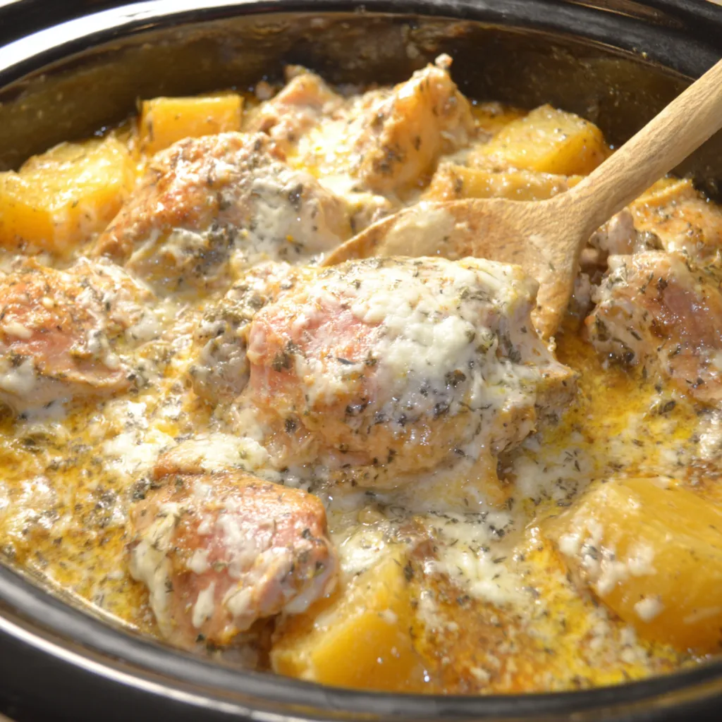 Garlic Parmesan Crockpot Chicken And Potatoes, a comforting and flavorful dish, is pictured as the featured image.