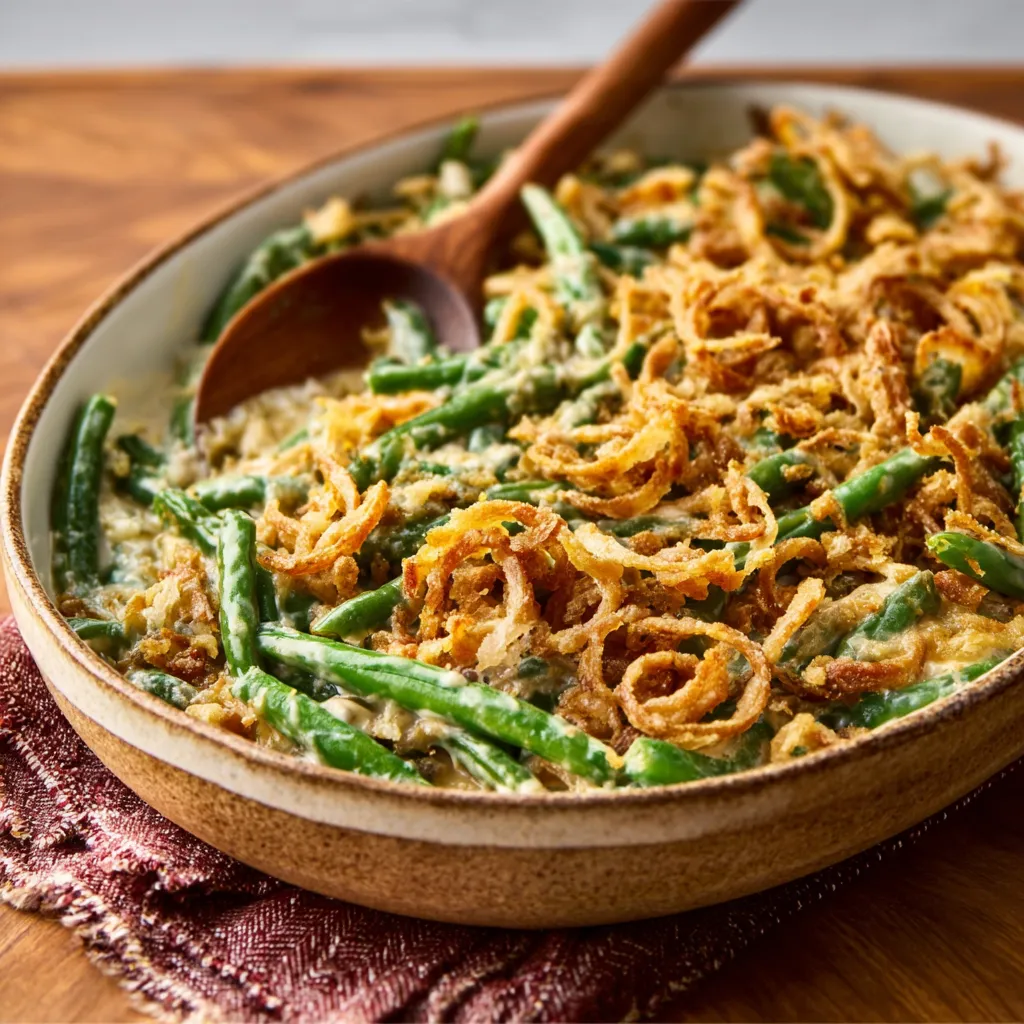 A close-up shot of a creamy and delicious Green Bean Casserole, perfect for a holiday meal.