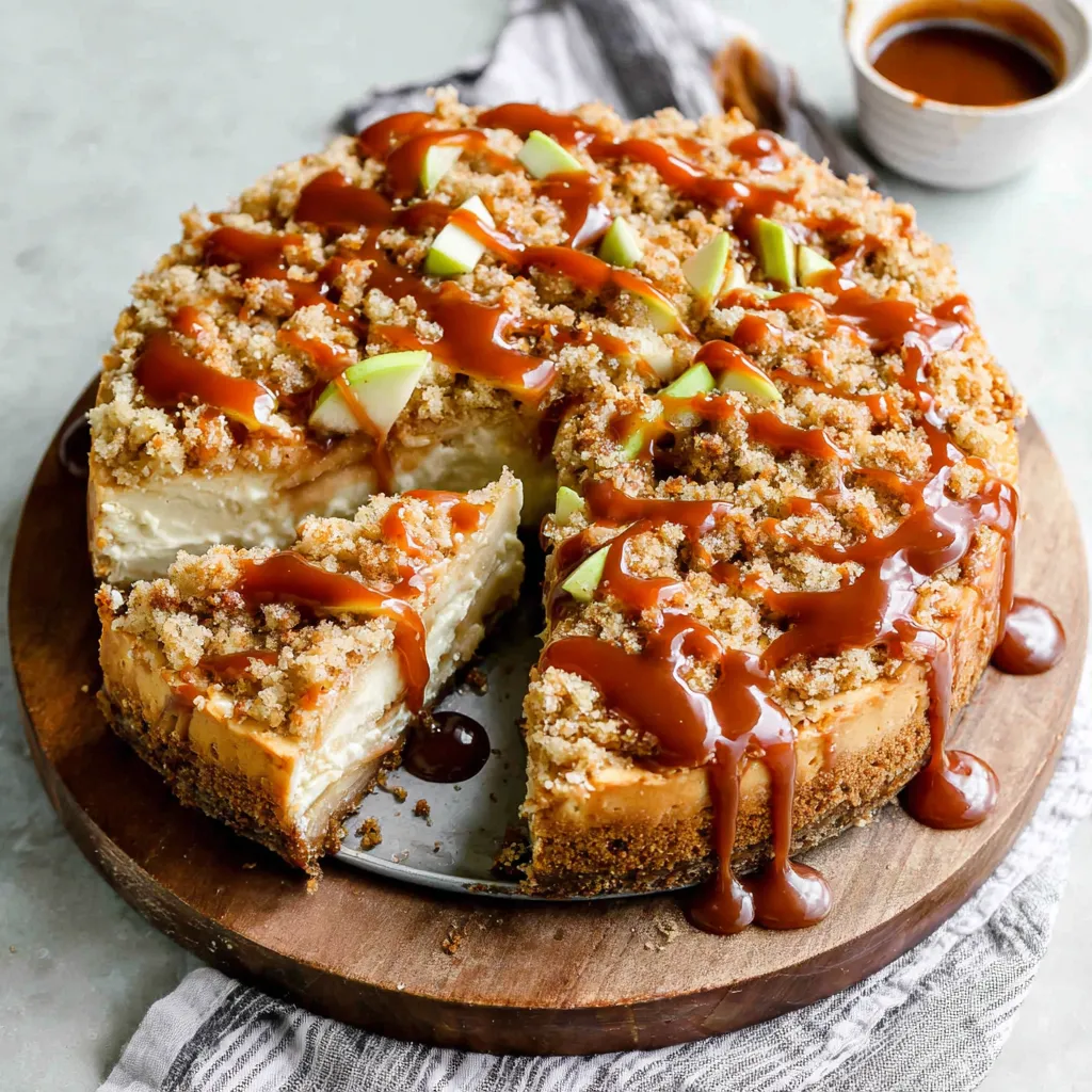 Featured image of a delicious Salted Caramel Apple Pie Cheesecake.