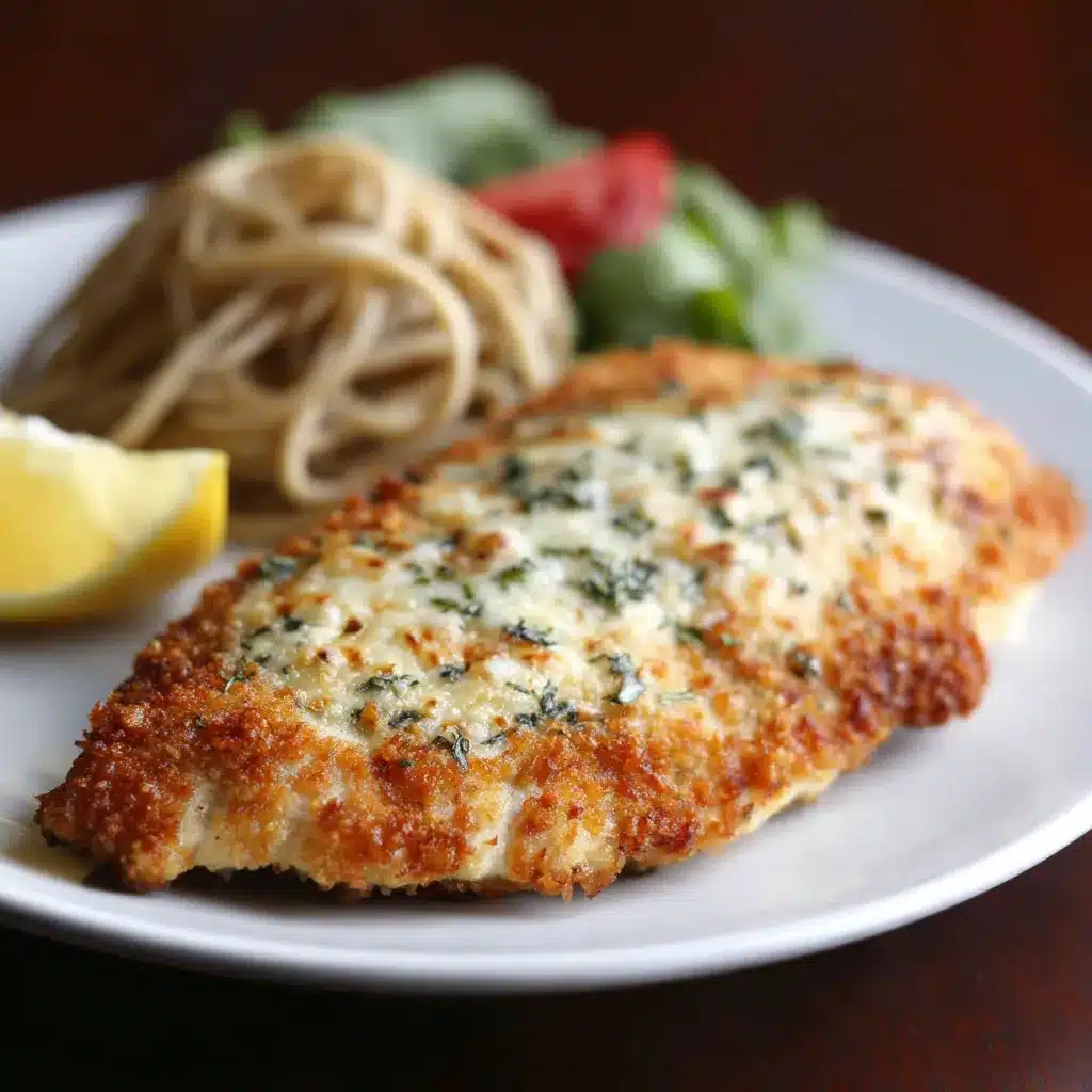Close-up shot of delicious Lemon Chicken Romano, showcasing its golden-brown crust and lemon sauce.