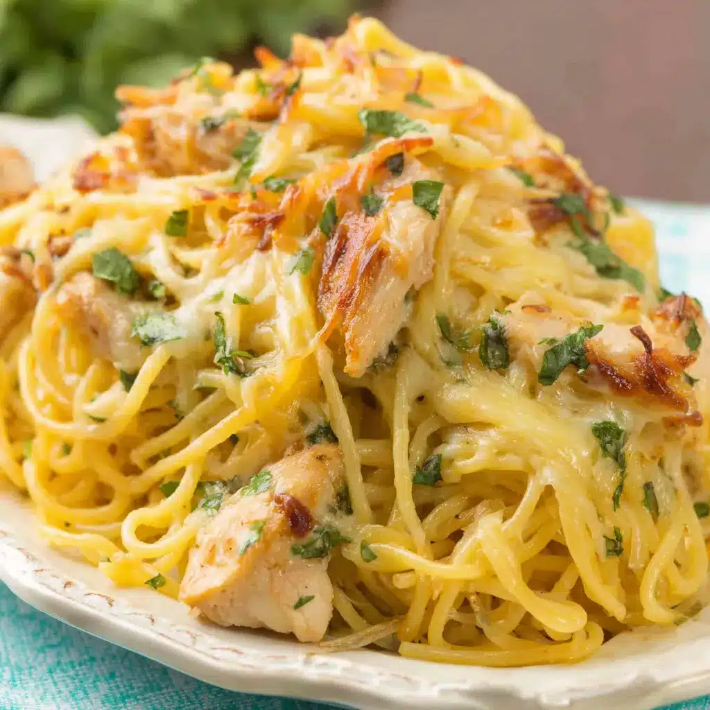 Monterey Chicken Spaghetti, a creamy and cheesy pasta dish with chicken and vegetables, served as a featured image for the recipe.