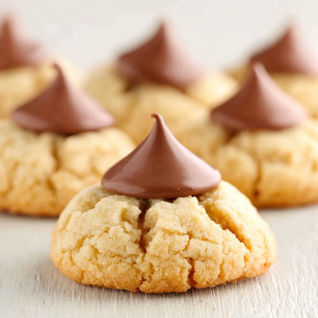 A close-up showcases a delicious Peanut Butter Kiss Cookie, topped with a Hershey's Kiss, perfect for holiday baking.