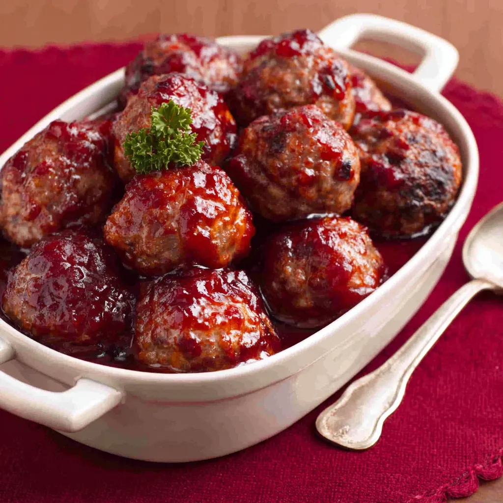 Christmas Cranberry Meatballs are displayed as a featured image, showcasing their festive red sauce and appetizing appearance.