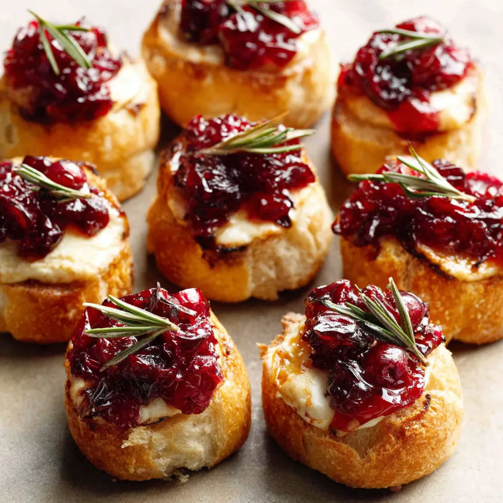 A close-up shot showcases golden-brown pastry bites filled with melted brie and vibrant red cranberries, illustrating delicious Cranberry Brie Bites.