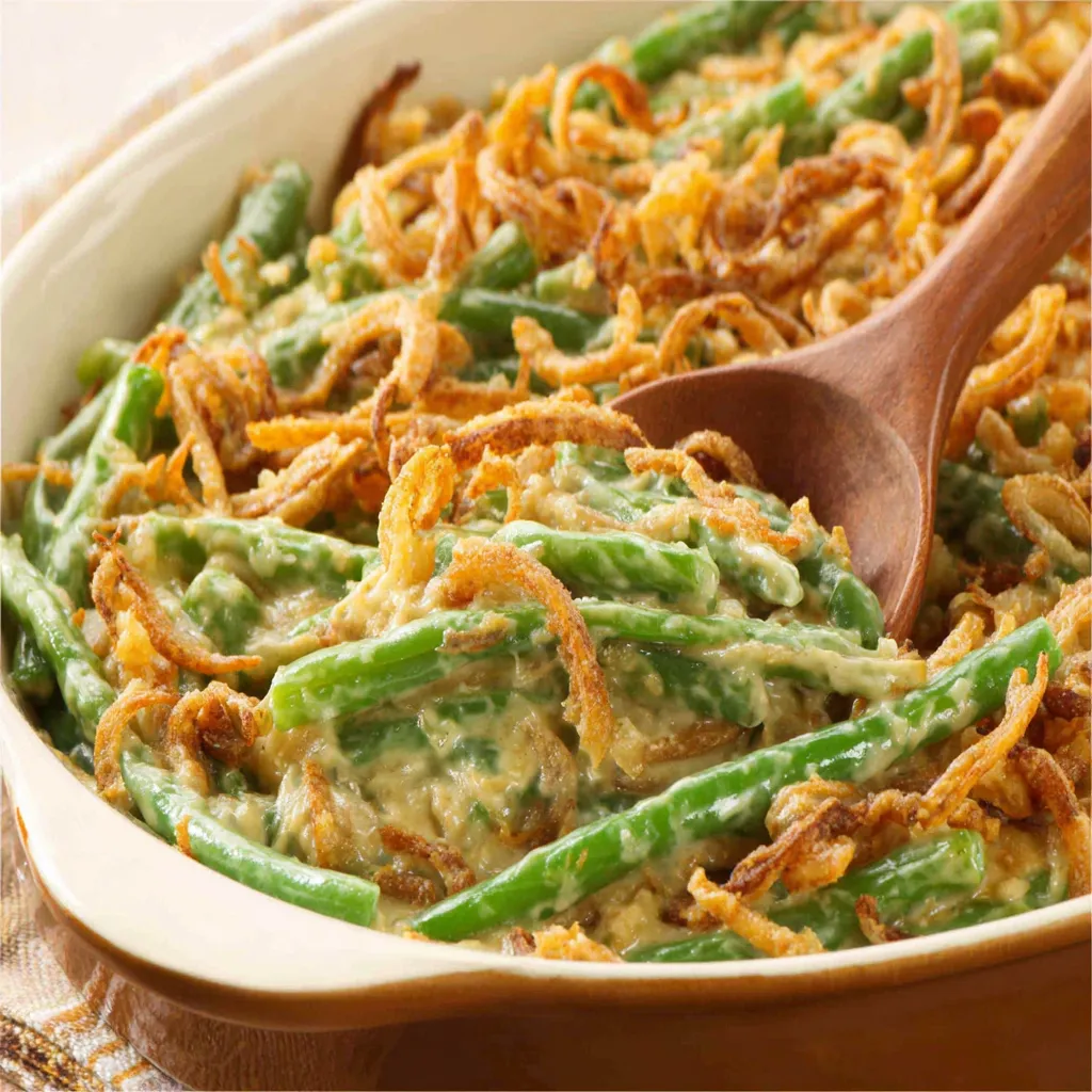 A close-up shot of a delicious and creamy Green Bean Casserole, baked to golden-brown perfection and ready to be served.