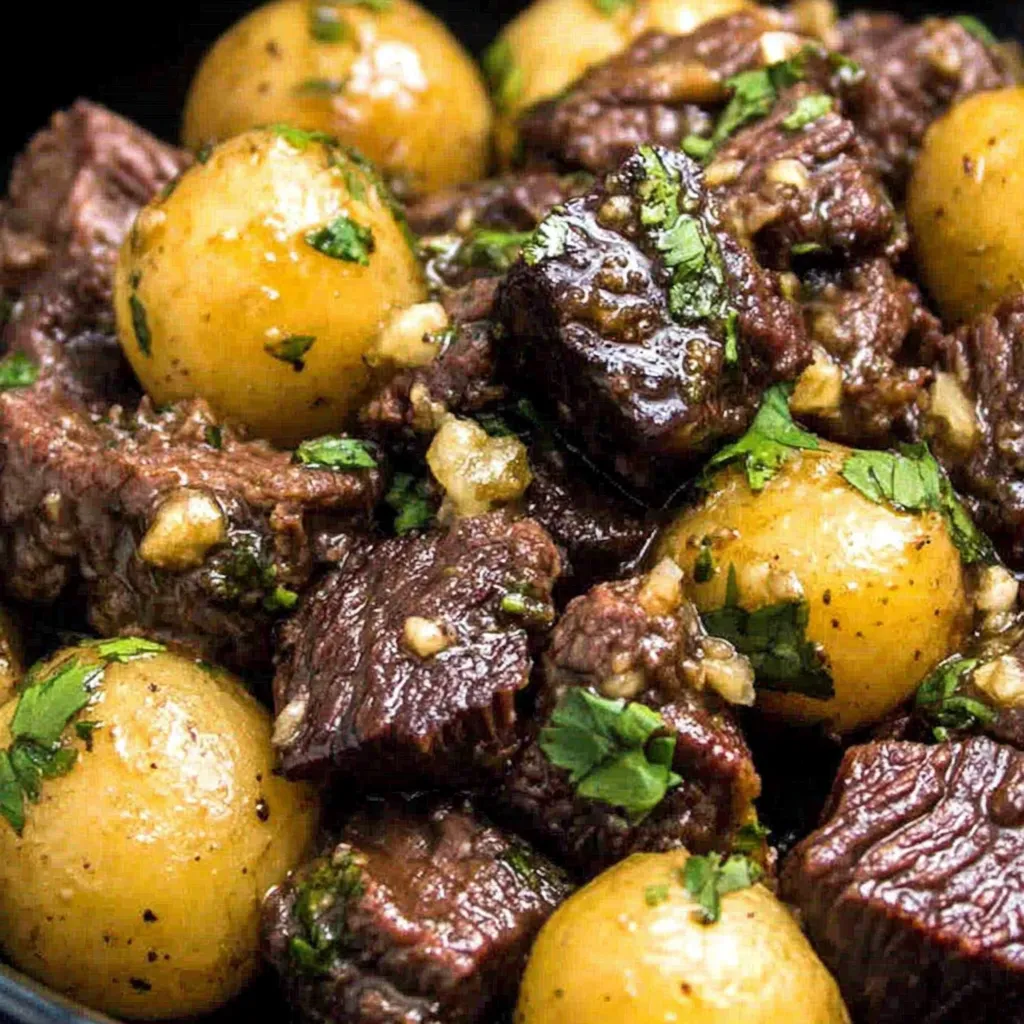 Featured image showcasing delicious Slow Cooker Garlic Butter Beef Bites With Potatoes, perfect for a comforting and easy meal.