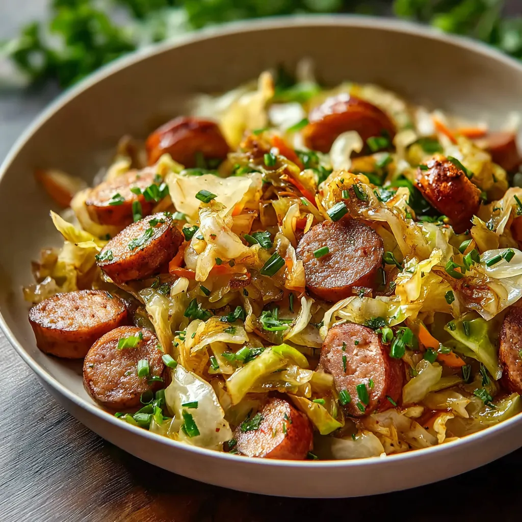 Close-up shot of a delicious Sausage And Cabbage Stir Fry, showcasing the vibrant colors and textures of the dish.