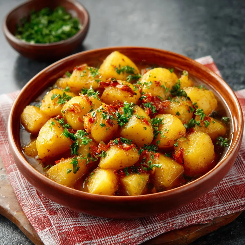A close-up shot of creamy Southern Stewed Potatoes, showcasing their tender texture and savory sauce.