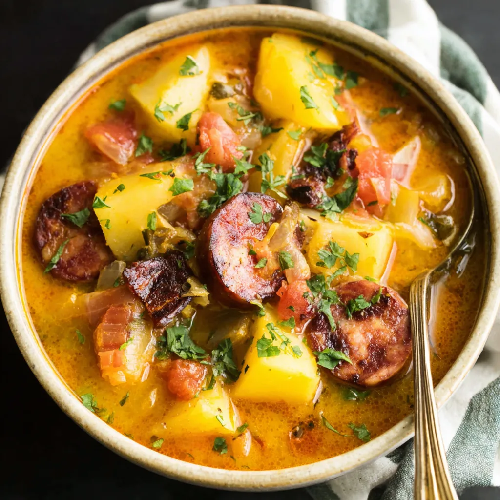 A bowl of creamy Spanish Potato Soup is featured in this image.