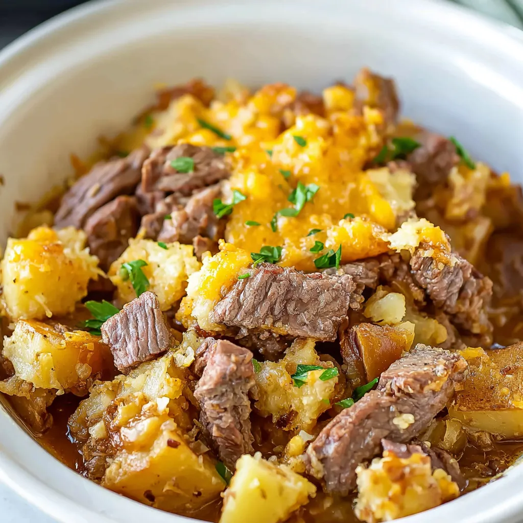 Close-up of a delicious Steak And Cheddar Potato Casserole, perfect for a comforting and hearty meal.