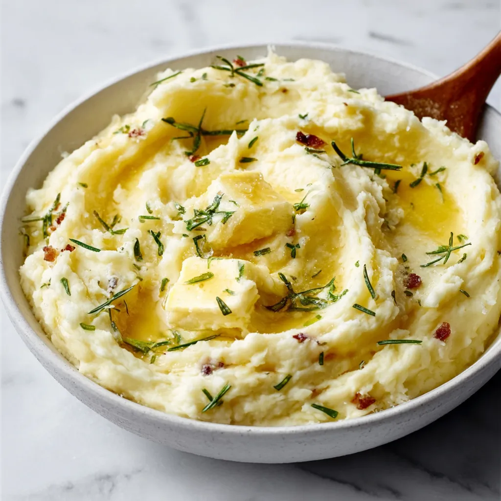 Close-up of creamy and golden Baked Mashed Potatoes in a rustic baking dish, perfect for a comforting side dish.