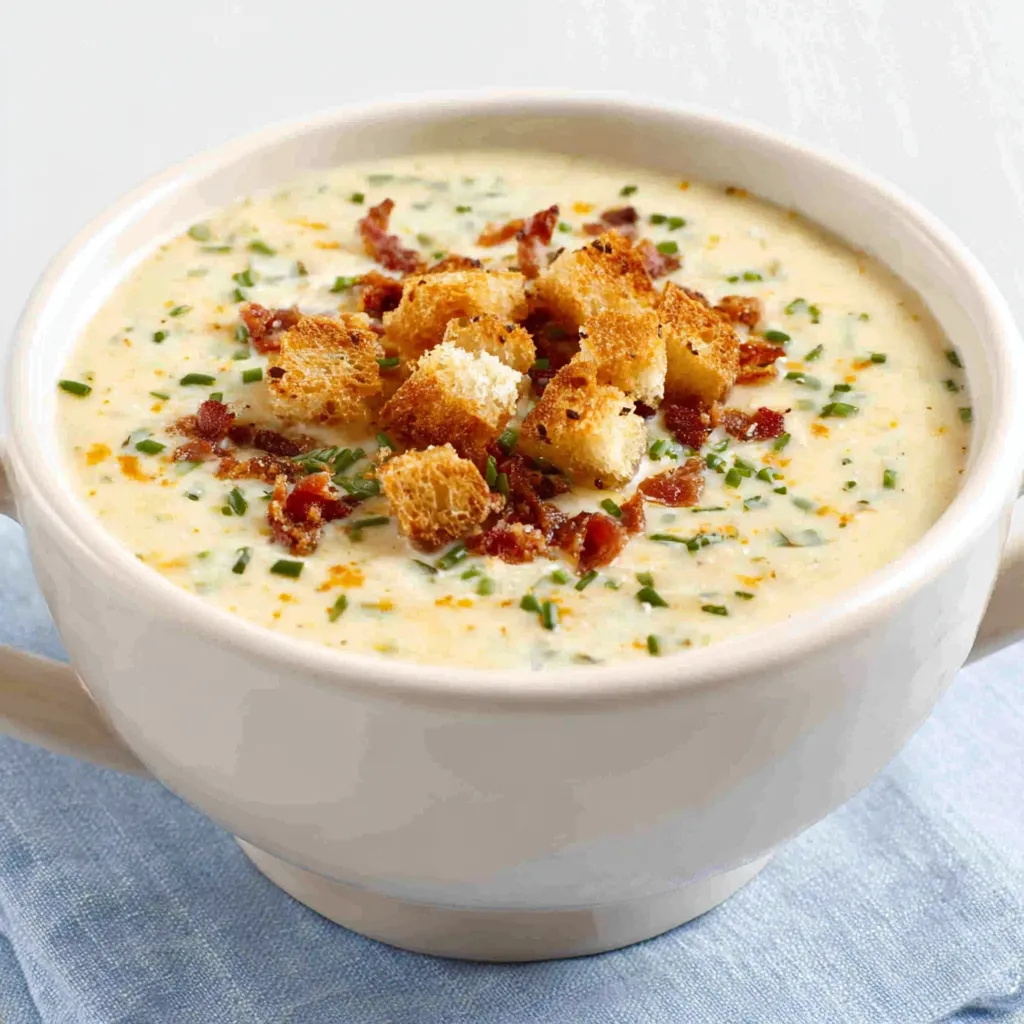 Creamy Baked Potato Soup is shown in a comforting bowl, garnished with cheddar cheese, bacon bits, and green onions.