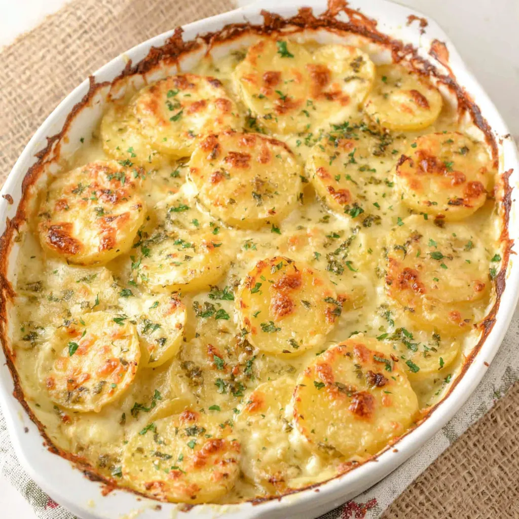 Creamy Scalloped Potatoes are shown as a delicious featured image.