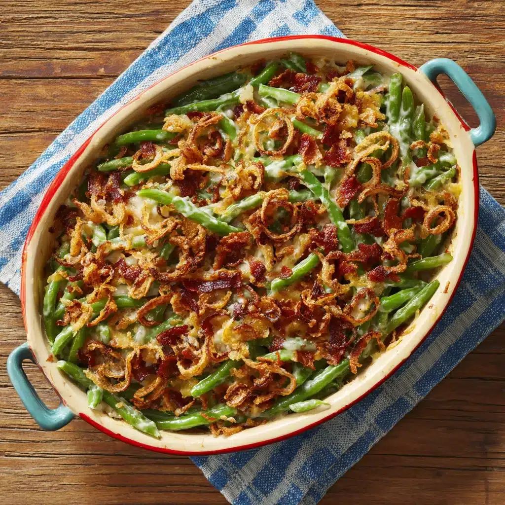Close-up of a creamy and delicious Green Bean Casserole, ready to be served as a classic holiday side dish.