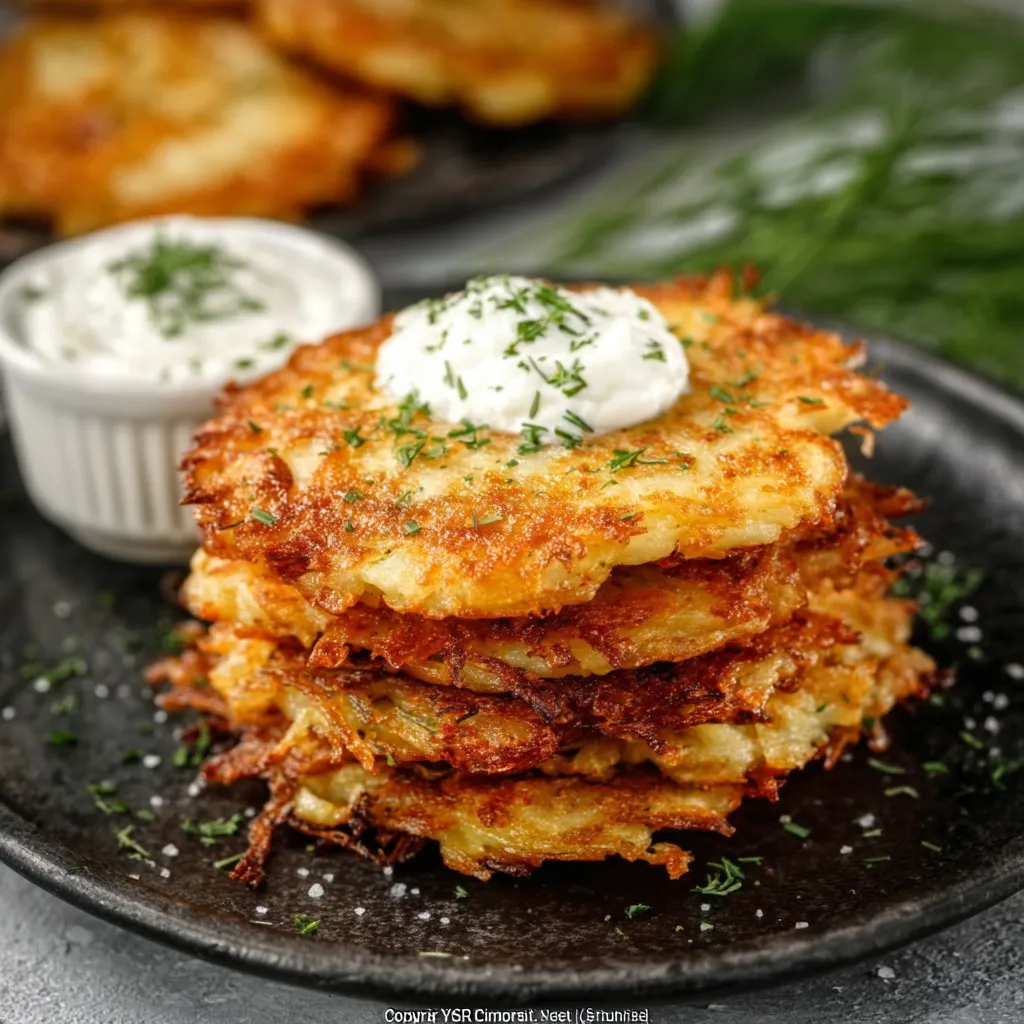 Golden brown Hungarian Potato Pancakes are stacked and ready to eat.