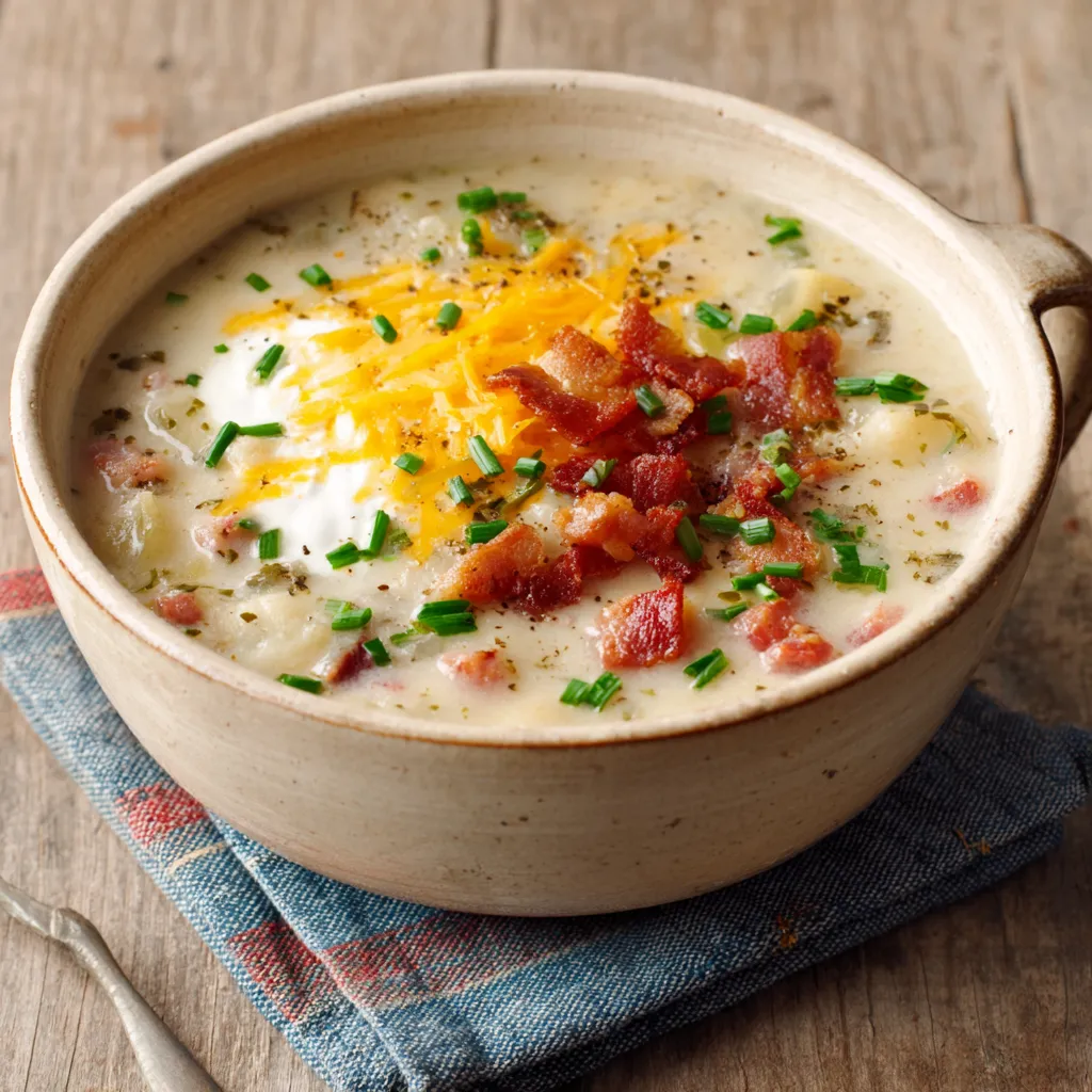 Creamy and comforting Potato Soup served in a rustic bowl, perfect as a featured image for a food blog post.