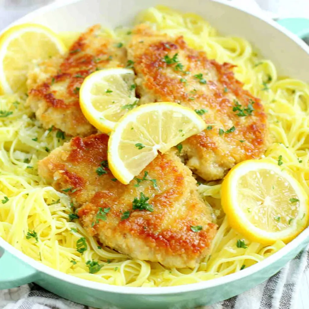 Romano Chicken Lemon Garlic Pasta Dish A close-up shot showcasing a delicious serving of Romano Chicken With Lemon Garlic Pasta.