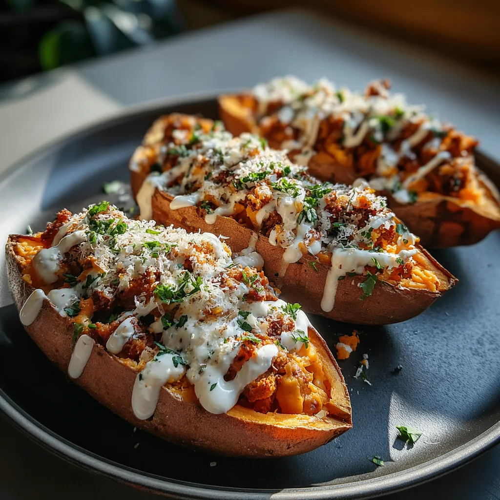Loaded Sweet Potato Boats Close-up of flavorful Sweet Potato Boats ready to be enjoyed as a delicious and healthy meal.
