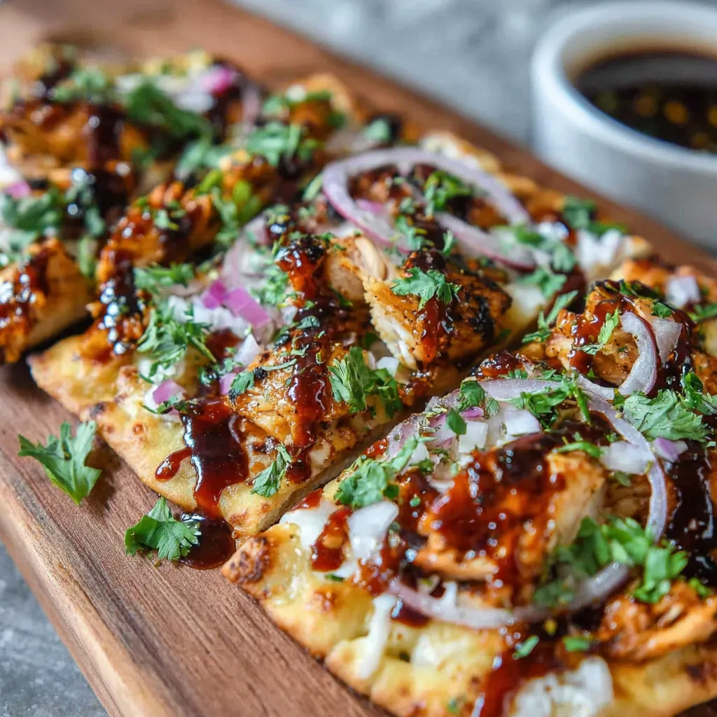 BBQ Chicken Flatbread Pizza Recipe Close-up of a freshly baked BBQ Chicken Flatbread Pizza with melted cheese, grilled chicken, and barbecue sauce.