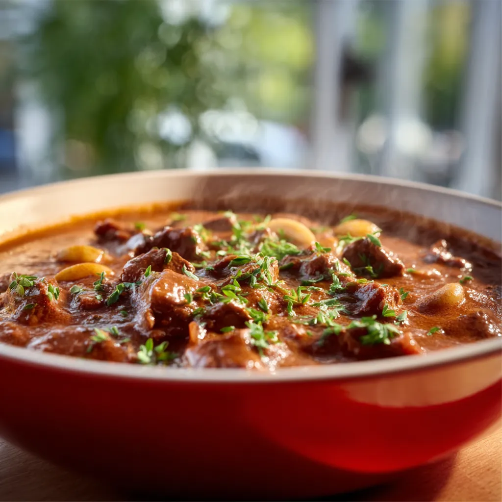 Traditional German Beef Goulash Slow-Cooked Stew A savory bowl of traditional German Goulash served with tender pieces of beef and a rich paprika-flavored sauce.