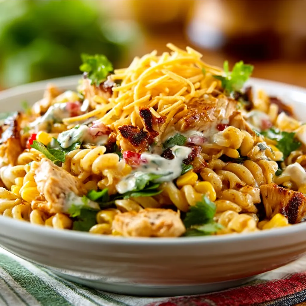Easy Creamy BBQ Chicken Pasta Salad Recipe A vibrant bowl of BBQ Chicken Pasta Salad is garnished with fresh cilantro and features grilled chicken, sweet corn, and red onions.