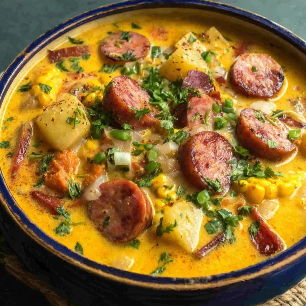 Creamy Cajun Potato Soup Recipe Close-up view of creamy Cajun Potato Soup in a bowl, showcasing its rich texture and vibrant spices.
